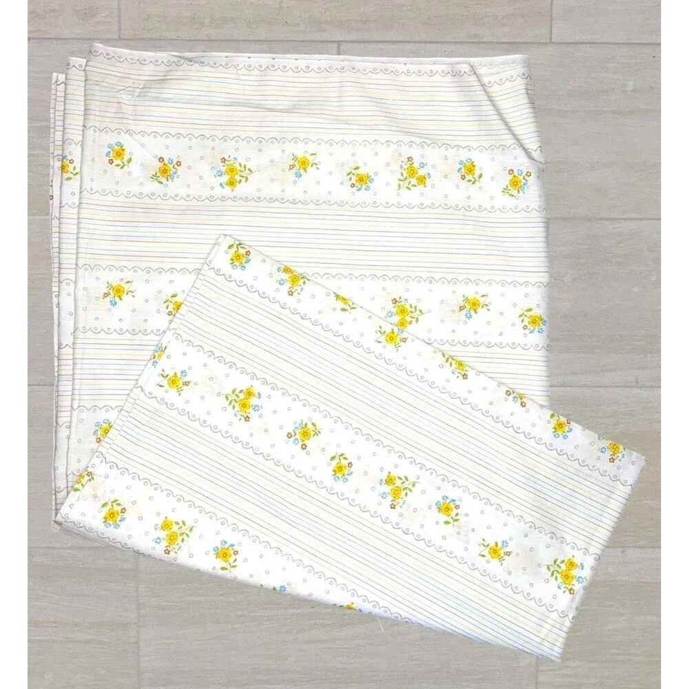 Vtg Thomaston Full Size Sheet Set 3pc White Floral Stripe Fitted Flat Pillowcase